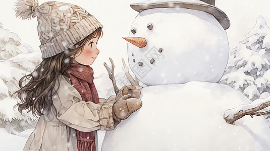 冬天在森林中堆巨大雪人的可爱卡通小女孩图片