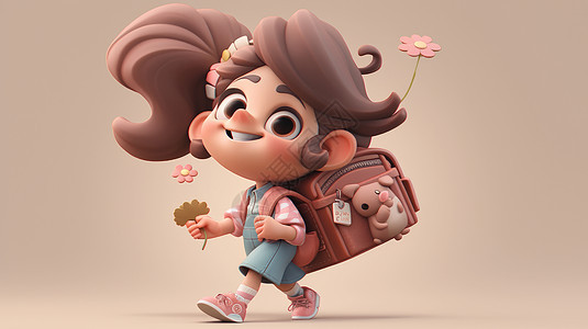 背着书包开心走路的立体可爱卡通小女孩图片