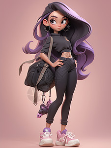 背着包的时尚紫色长发卡通女孩图片