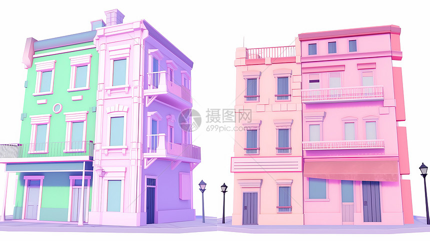 简约漂亮的立体卡通紫色楼房与粉色楼房图片