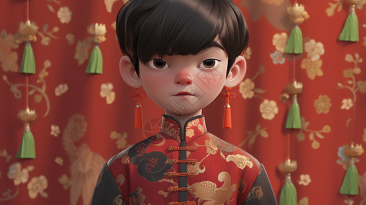 穿着喜庆的传统风装扮卡通男孩图片
