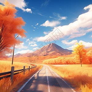 秋天金黄色的卡通草地与远处的高山图片
