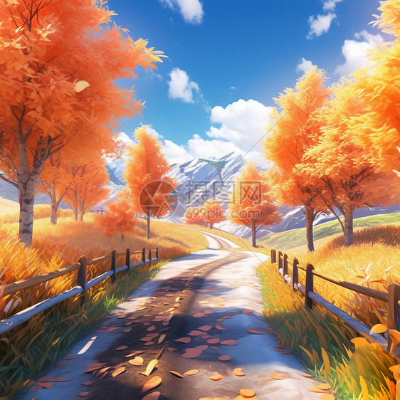 秋天幽静的卡通小路唯美秋天卡通风景图片