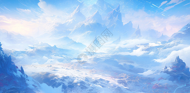 云雾缭绕的大山冬天唯美卡通风景图片