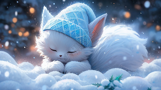 戴着蓝色毛线帽睡觉的可爱卡通小白狐图片