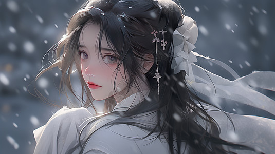 冬天在大雪中的古风装扮卡通女孩高清图片