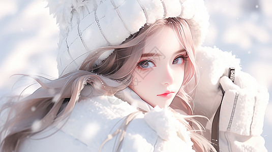 冬天穿很厚的白色羽绒服在雪中的卡通女孩高清图片