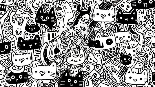 黑白涂鸦风卡通小猫背景图片