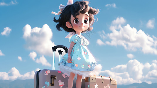 站在旅行箱旁穿蓝色小花裙的卡通女孩背景图片