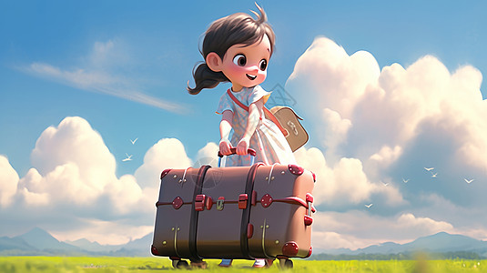 蓝天白云下在草地上托着超大行李箱的卡通女孩背景图片