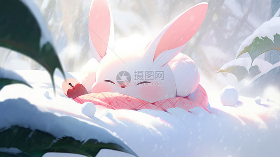 冬天大雪中趴在围巾上睡觉的卡通小白兔图片