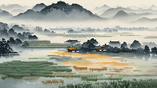 烟雨中的稻田田园水墨画图片