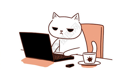 坐在工位上认真工作的卡通小白猫简约插画图片