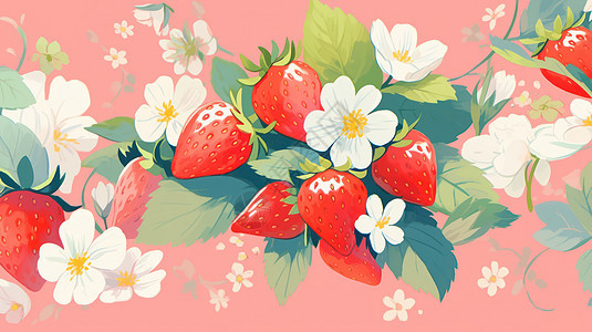 可爱诱人的卡通草莓与花朵图片