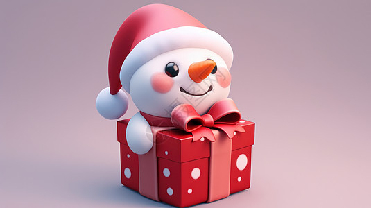 戴着圣诞帽的卡通小雪人红色礼物盒背景图片