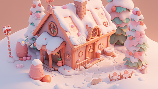 可爱的立体卡通小房子旁几棵高大的圣诞树被雪覆盖图片