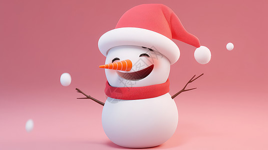 围着红色围巾戴圣诞帽开心笑的立体卡通小雪人背景图片