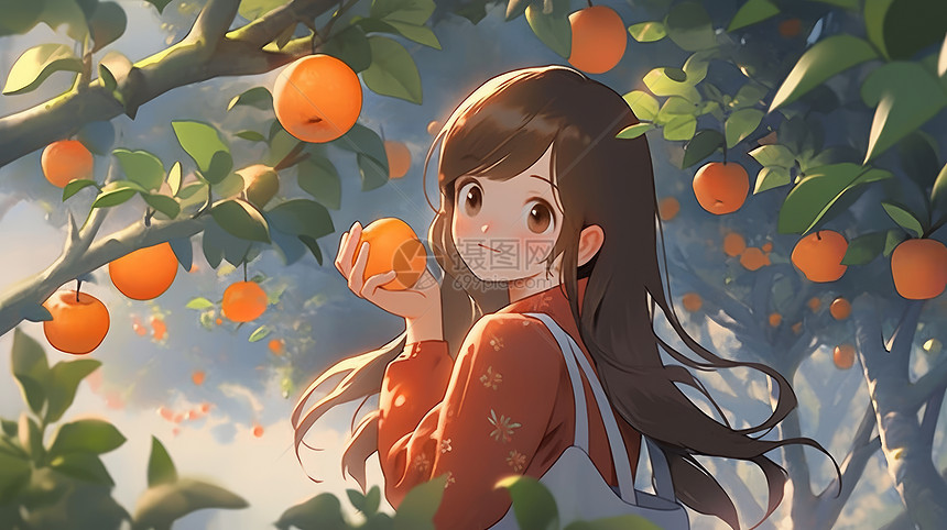 在树下拿着橘子的小清新长发卡通女孩图片