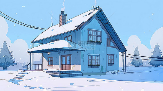 大雪中温馨的卡通小木屋图片