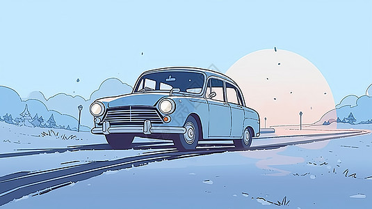 冬天在路上行驶的卡通小轿车图片