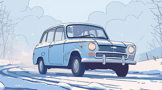 冬天雪后在森林中的卡通小轿车图片