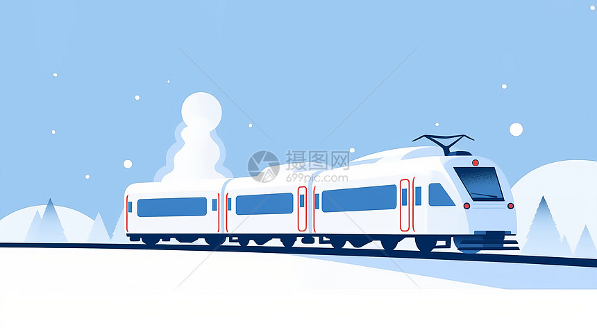 冬天行驶在雪地里的扁平卡通火车图片