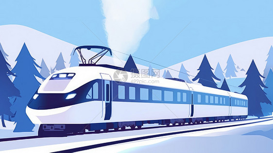 冬天路过森林的卡通高铁图片