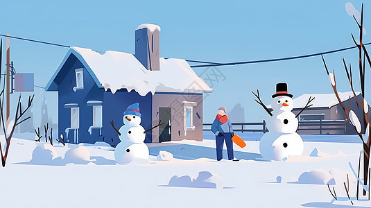 冬天在院子里堆雪人的扁平风卡通人物图片
