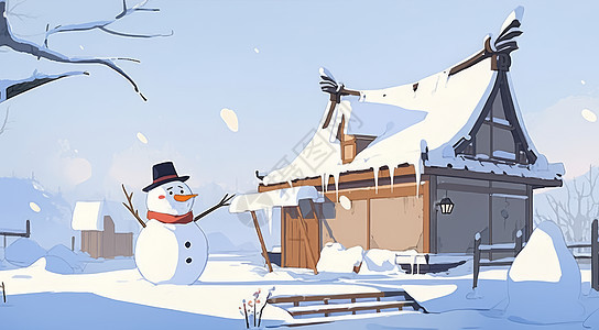 雪后在小木屋旁的卡通雪人图片