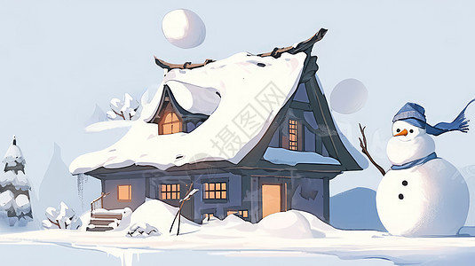 冬天雪后温馨的卡通小木屋图片