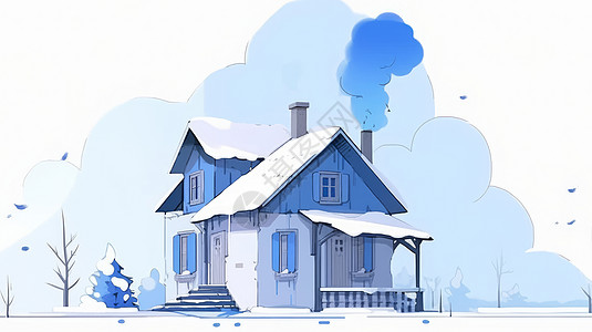 蓝色调温馨的卡通小木屋背景图片