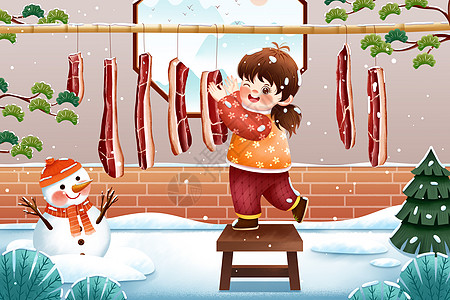 雪人小雪时节腌腊肉插画插画