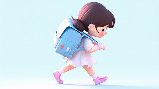 背着超大蓝色书包大步走路的立体卡通小女孩高清图片