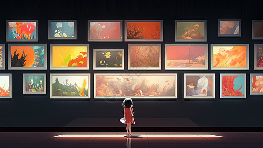 在展厅中欣赏画展的卡通小女孩背影图片