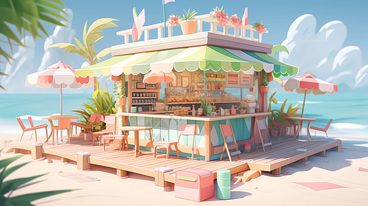 在海边沙滩上的可爱卡通饮品店背景图片