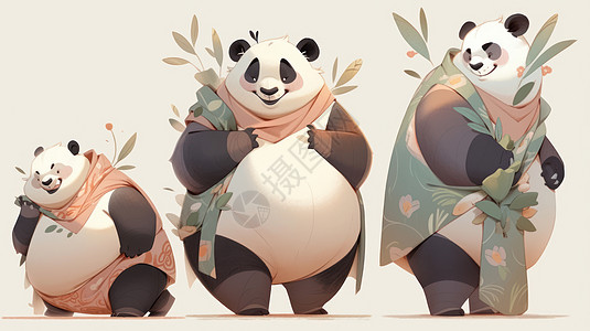 三只大肚子肥胖可爱的卡通熊猫背景图片