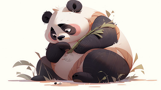 坐在地上拿着竹子发呆的可爱卡通胖熊猫背景图片