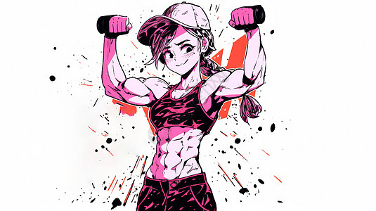 手拿着健身器材一身肌肉的帅气卡通女孩图片