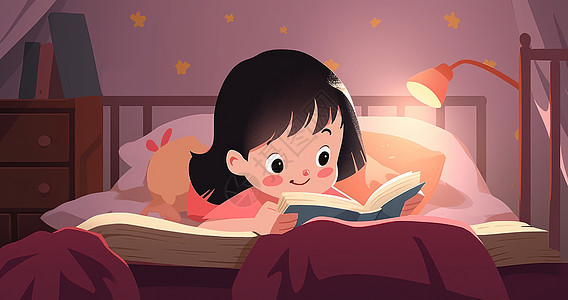 夜晚趴在床上看书的可爱卡通小女孩高清图片