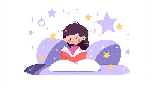 夜晚趴在床上看书的可爱卡通小女孩图片