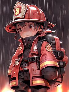 大雨中正要准备工作的卡通消防员图片