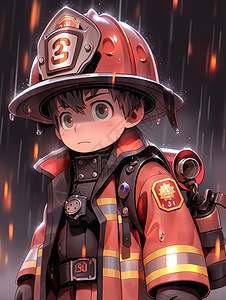 背着灭火器材站在大雨中的卡通消防员图片