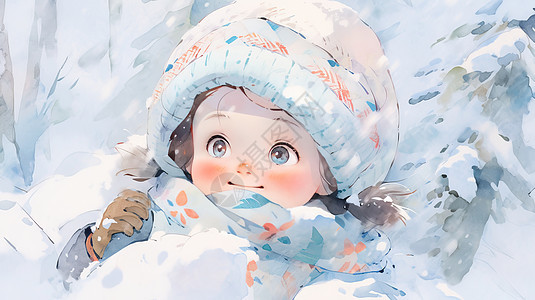 在大雪中戴着厚帽子开心玩耍的可爱卡通小女孩图片