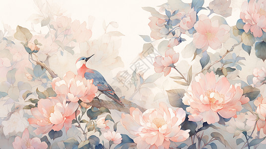 在粉色盛开的花丛中一只可爱的卡通小鸟图片