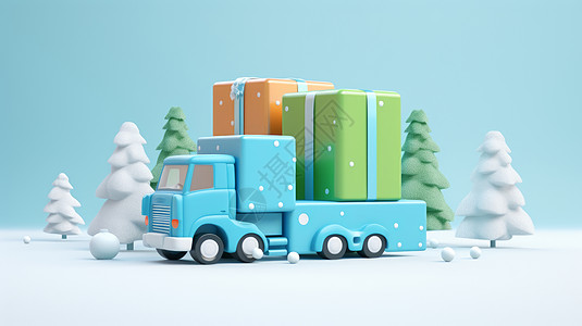 冬天拉着超大礼物盒的可爱卡通货车高清图片