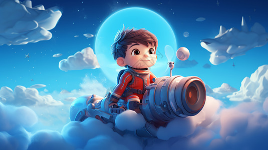 坐着科幻卡通的小男孩在云朵上欣赏风景图片