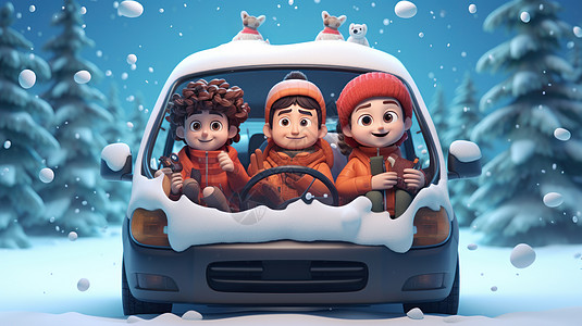冬天大雪中坐在车上的卡通男孩们背景图片