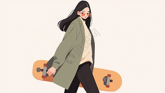 穿墨绿色外套手拿滑板的时尚长发卡通女孩背景图片
