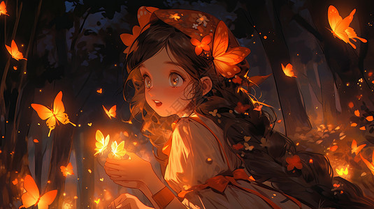 夜晚在森林中看着飞舞的发光蝴蝶的长发卡通小公主图片