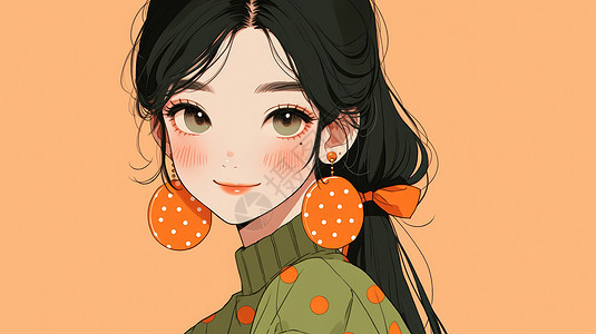 穿绿色毛衣戴着橙色圆形耳环的时尚卡通女孩图片